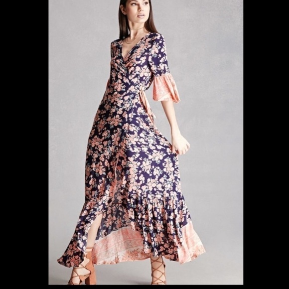 Selfie Leslie Dresses & Skirts - Selfie Leslie Floral Wrap Dress large maxi bohemian ruffle‎ size L cottagecore